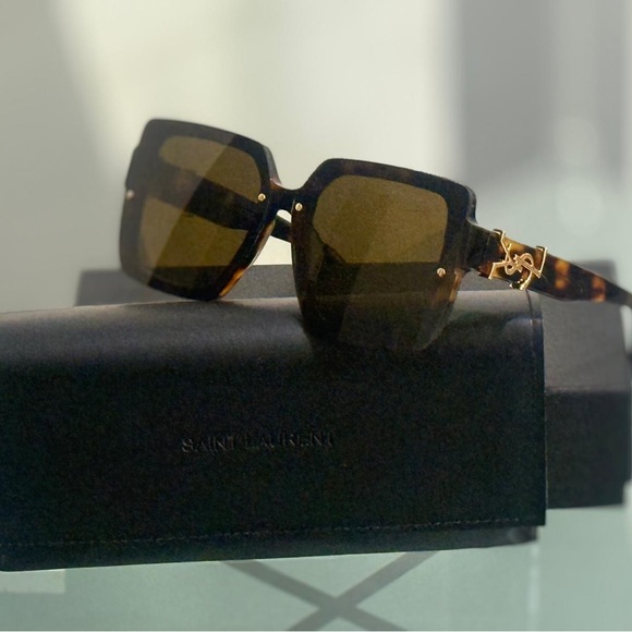 Saint Laurent Tortoise and Gold Square Sunglasses - Picture 1 of 2